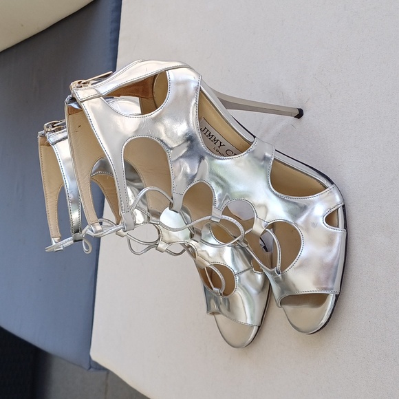 JIMMY CHOO difussed silver mirror cage heels shoes 37 7 Easter - Picture 8 of 17